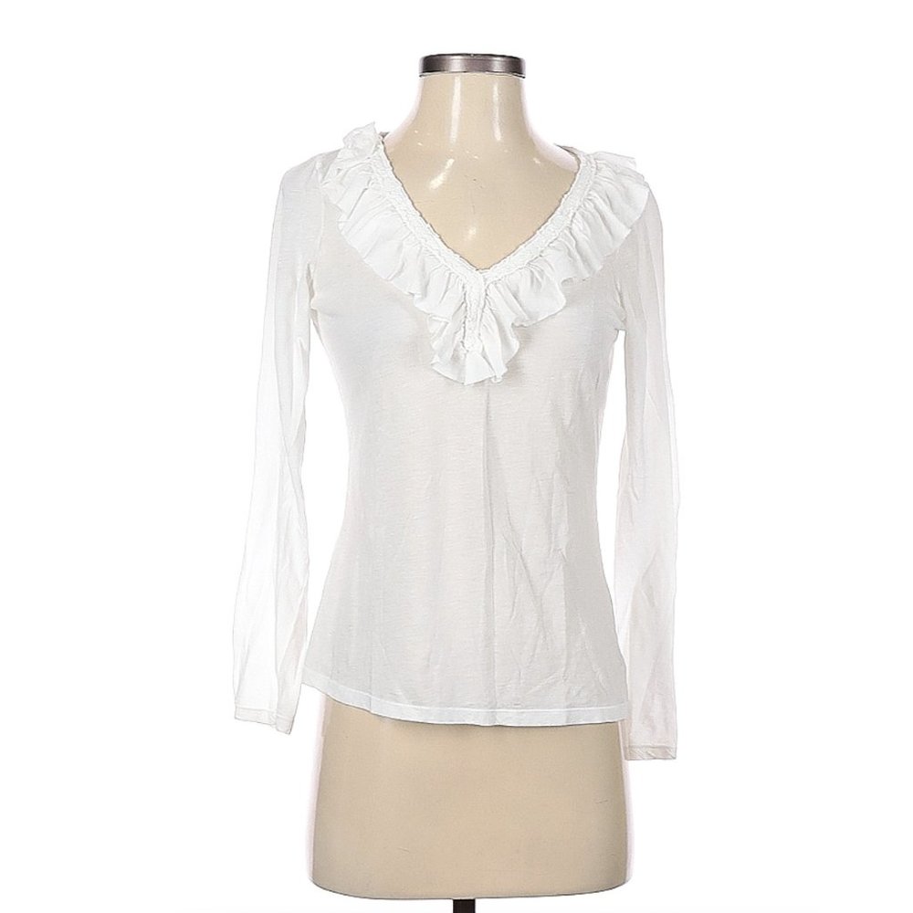 White Long Sleeve Tee with Ruffle Neckline Size Small
